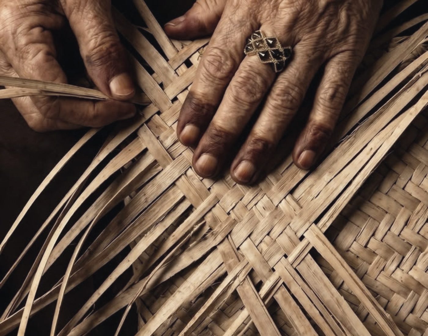 Hands weaving palm leaf by hand in Thailand