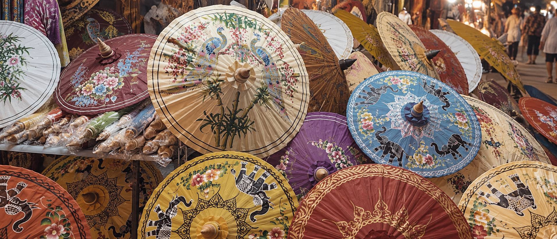 Hand-painted Thai parasols stacked at a market stall